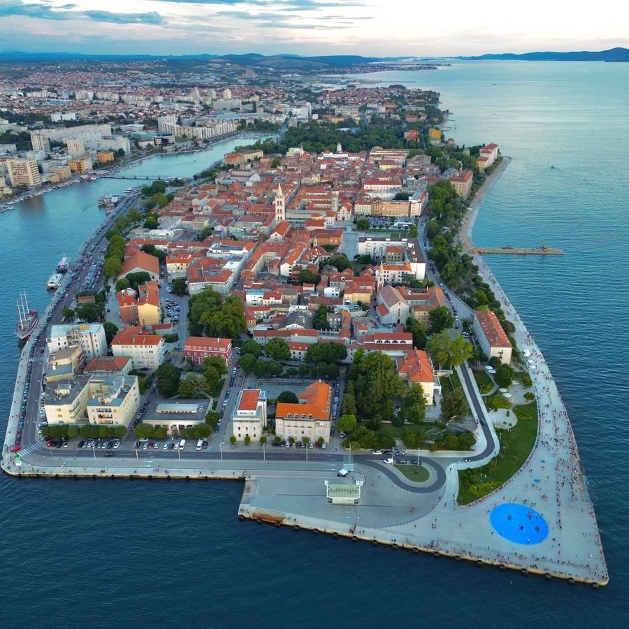 The walled Zadar old town seen from above, surrounded by the Adriatic
