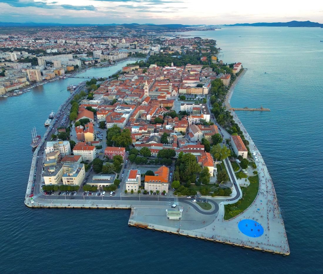 Aerial view of the Zadar old town peninsula with the Adriatic all around it